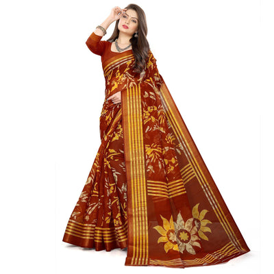Brown Casual Wear Floral Printed Cotton Linen Saree