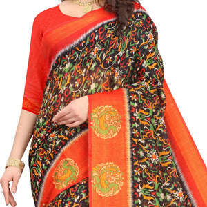 Brown Casual Wear Floral Printed Cotton Linen Saree