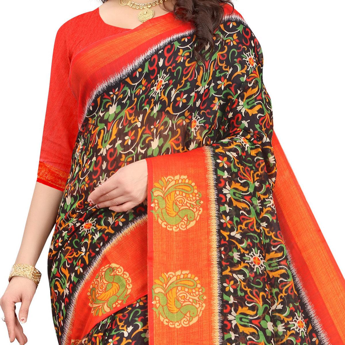 Brown Casual Wear Floral Printed Cotton Linen Saree