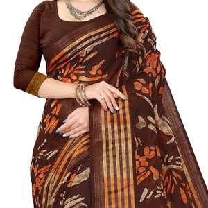 Brown Casual Wear Floral Printed Cotton Linen Saree