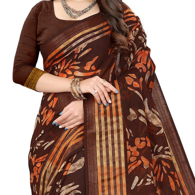Brown Casual Wear Floral Printed Cotton Linen Saree