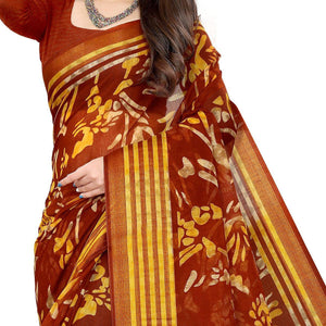 Brown Casual Wear Floral Printed Cotton Linen Saree