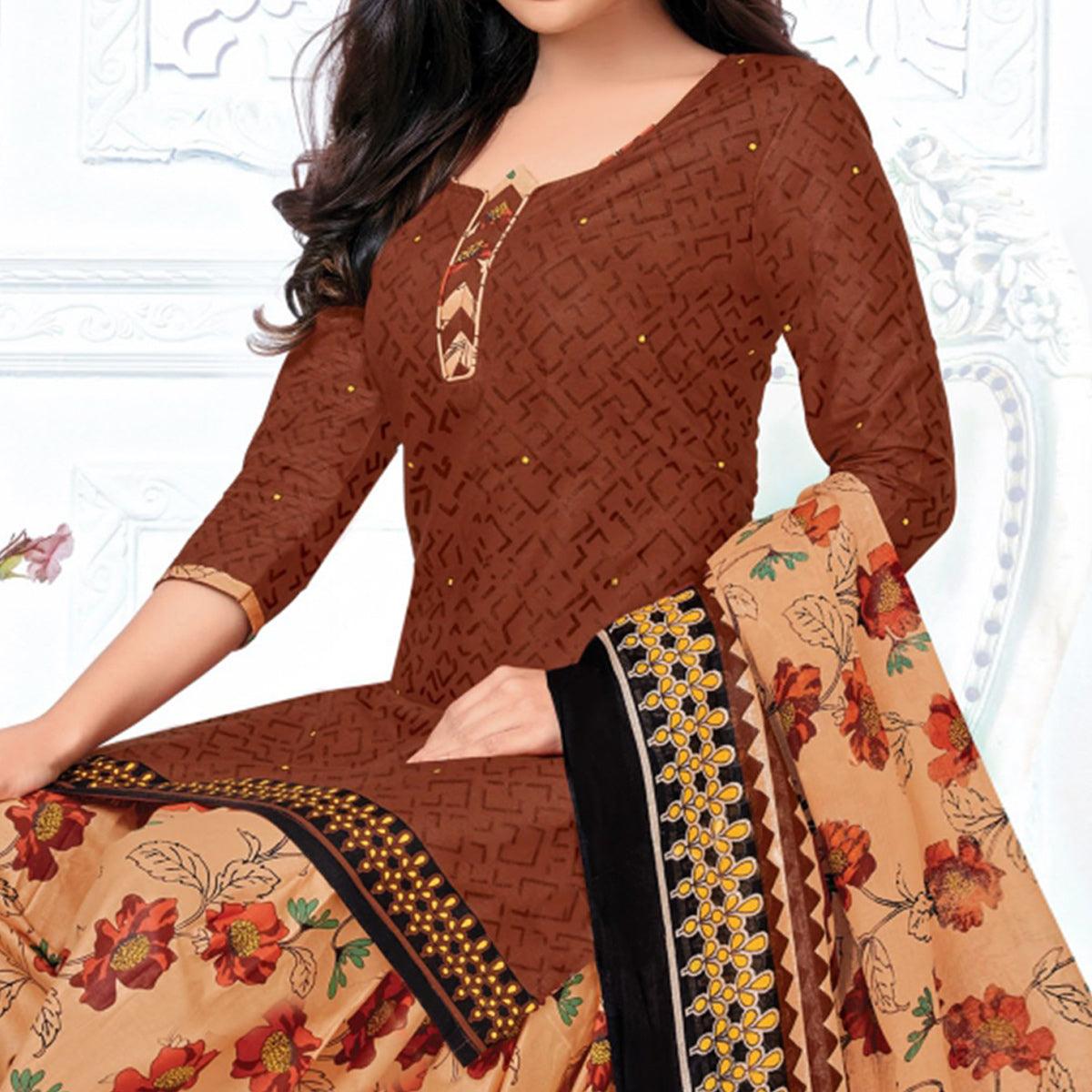 Brown Casual Wear Floral Printed Cotton Patiala Dress Material