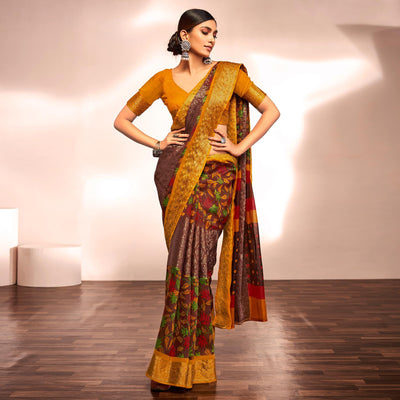 Brown Casual Wear Floral Printed Cotton Silk Saree With Jacquard Border