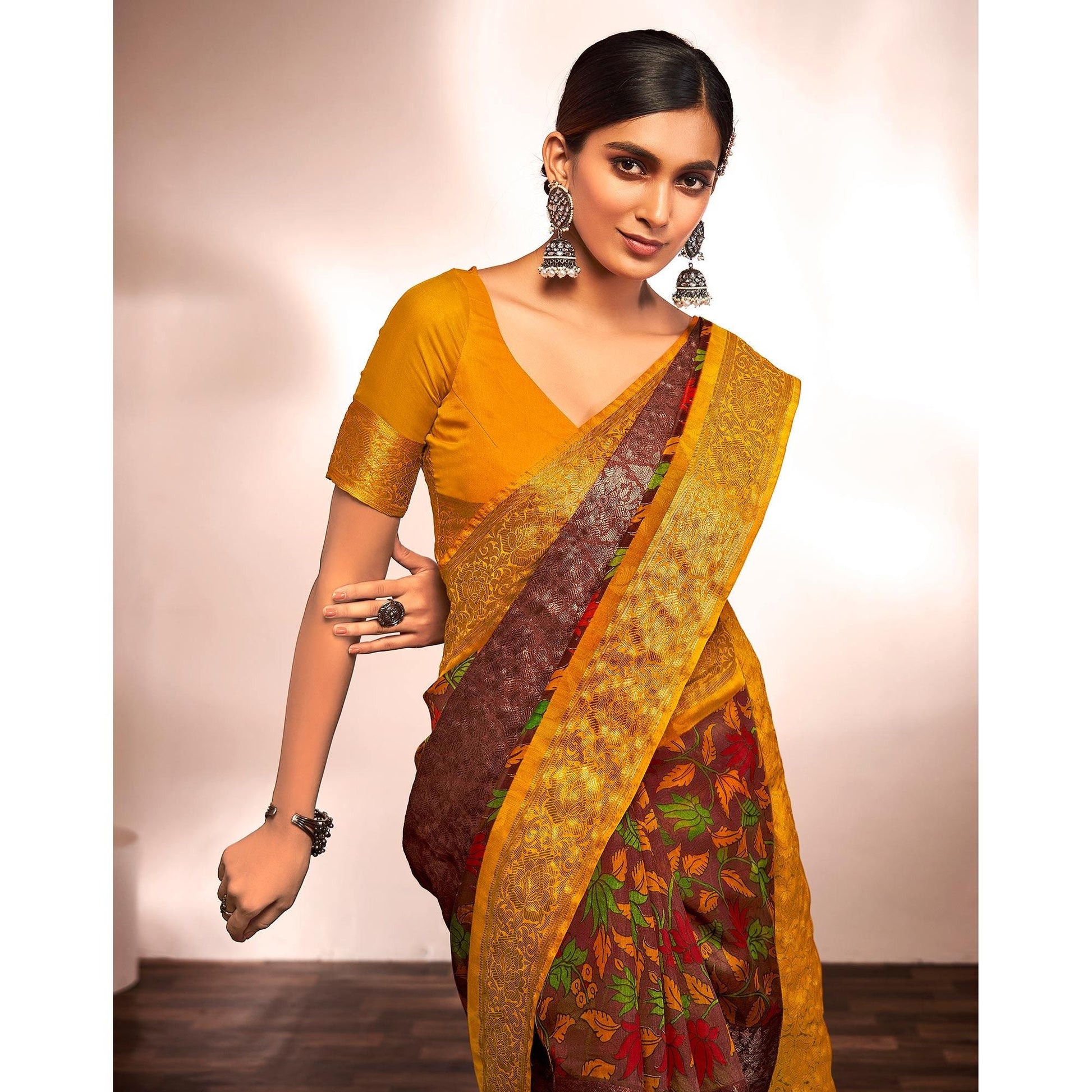 Brown Casual Wear Floral Printed Cotton Silk Saree With Jacquard Border