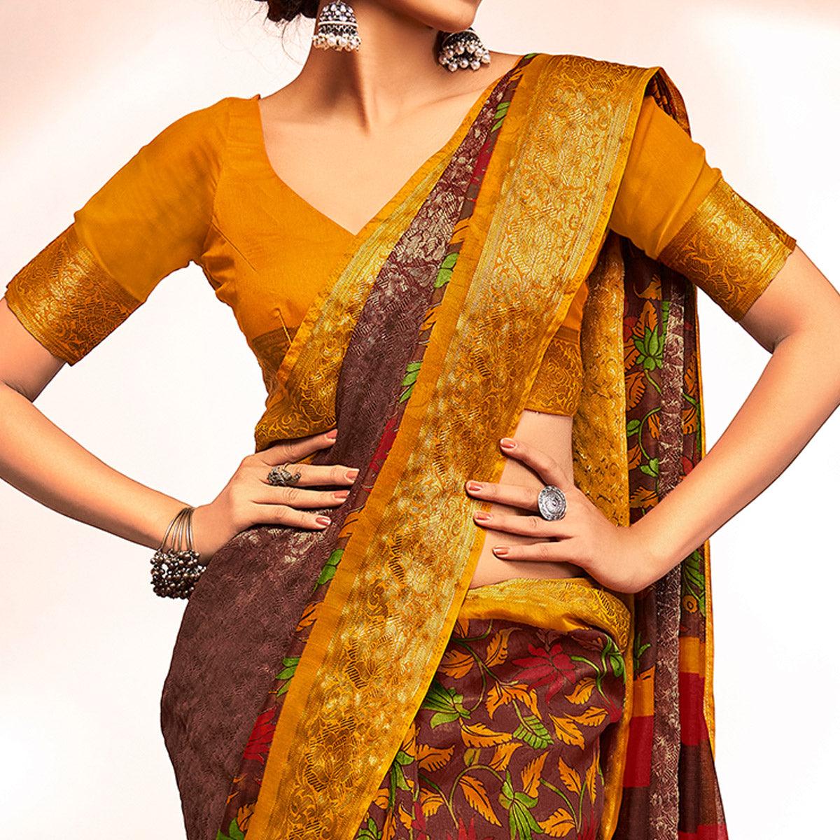 Brown Casual Wear Floral Printed Cotton Silk Saree With Jacquard Border