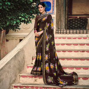 Brown Casual Wear Floral Printed Georgette Saree