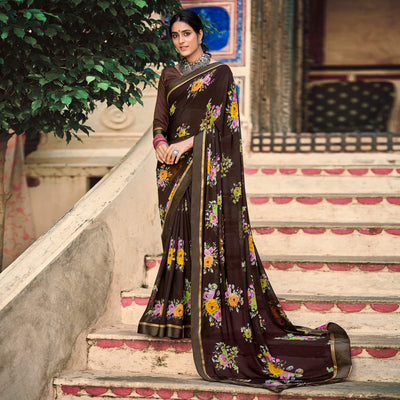 Brown Casual Wear Floral Printed Georgette Saree