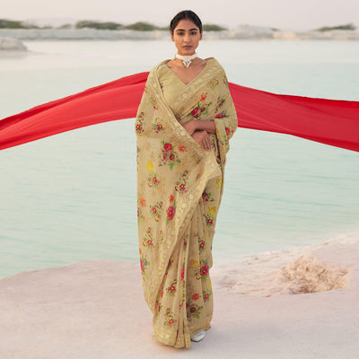 Brown Casual Wear Floral Printed Georgette Saree