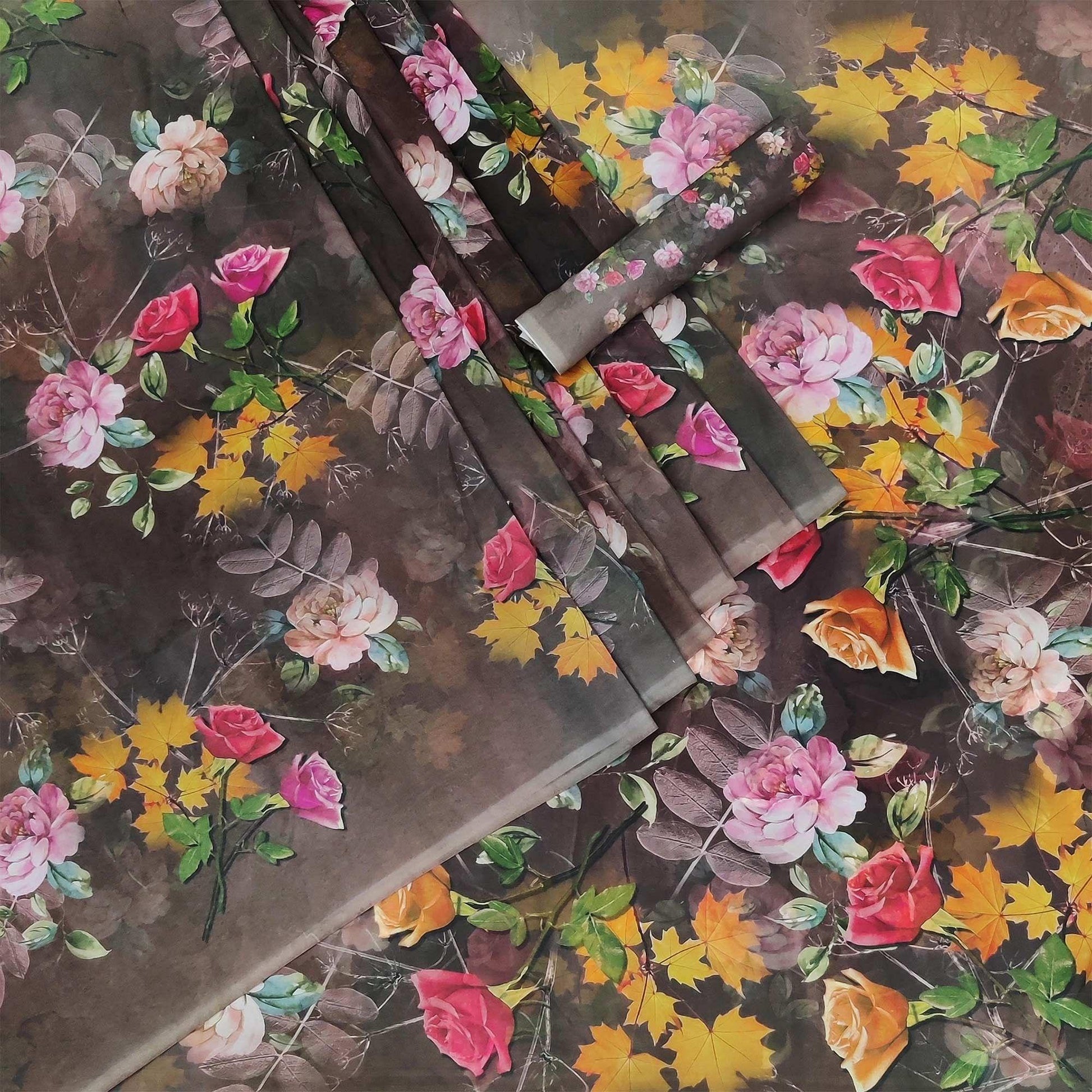 Brown Casual Wear Floral Printed Georgette Saree