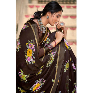 Brown Casual Wear Floral Printed Georgette Saree