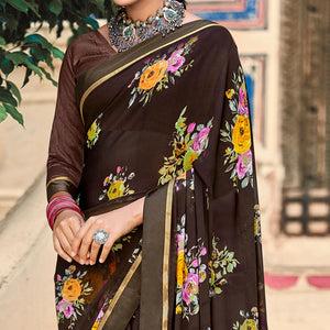 Brown Casual Wear Floral Printed Georgette Saree