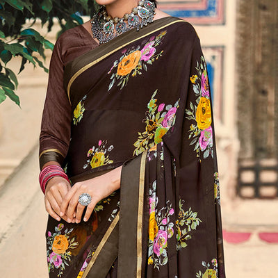 Brown Casual Wear Floral Printed Georgette Saree