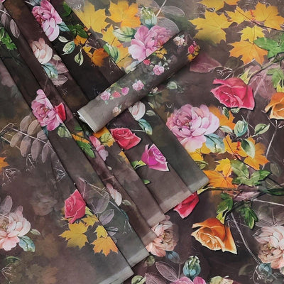 Brown Casual Wear Floral Printed Georgette Saree