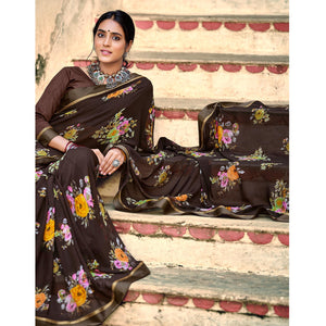 Brown Casual Wear Floral Printed Georgette Saree