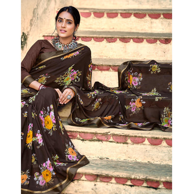 Brown Casual Wear Floral Printed Georgette Saree