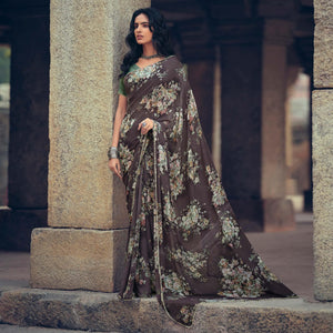 Brown Casual Wear Floral Printed Georgette Saree With Pearl Beads lace