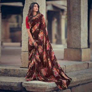 Brown Casual Wear Floral Printed Georgette Saree With Pearl Beads lace