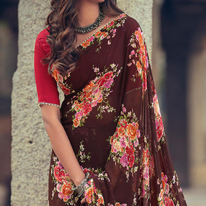 Brown Casual Wear Floral Printed Georgette Saree With Pearl Beads lace