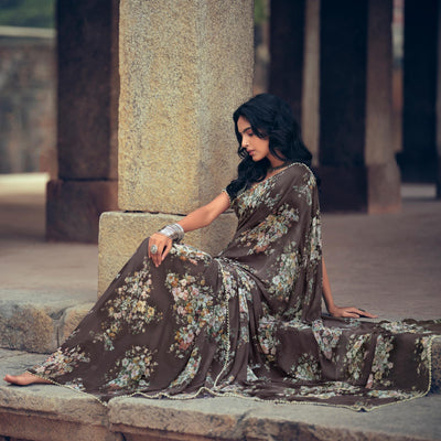 Brown Casual Wear Floral Printed Georgette Saree With Pearl Beads lace