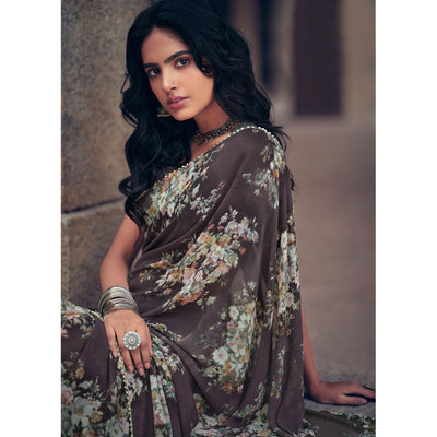 Brown Casual Wear Floral Printed Georgette Saree With Pearl Beads lace