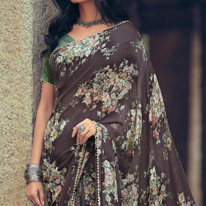 Brown Casual Wear Floral Printed Georgette Saree With Pearl Beads lace