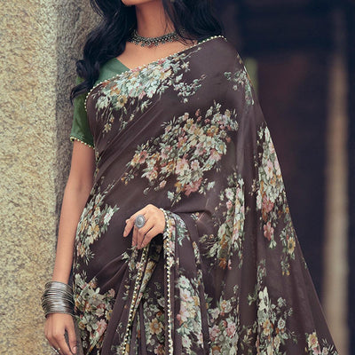 Brown Casual Wear Floral Printed Georgette Saree With Pearl Beads lace