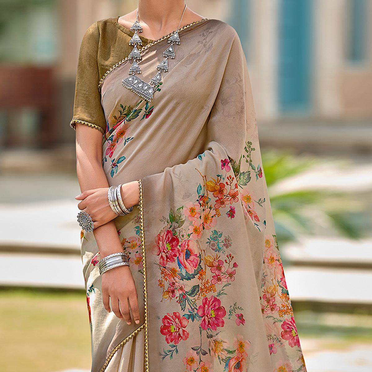 Brown Casual Wear Floral Printed Heavy Organza Silk Saree