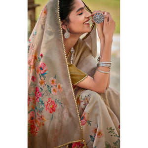 Brown Casual Wear Floral Printed Heavy Organza Silk Saree