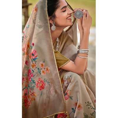 Brown Casual Wear Floral Printed Heavy Organza Silk Saree