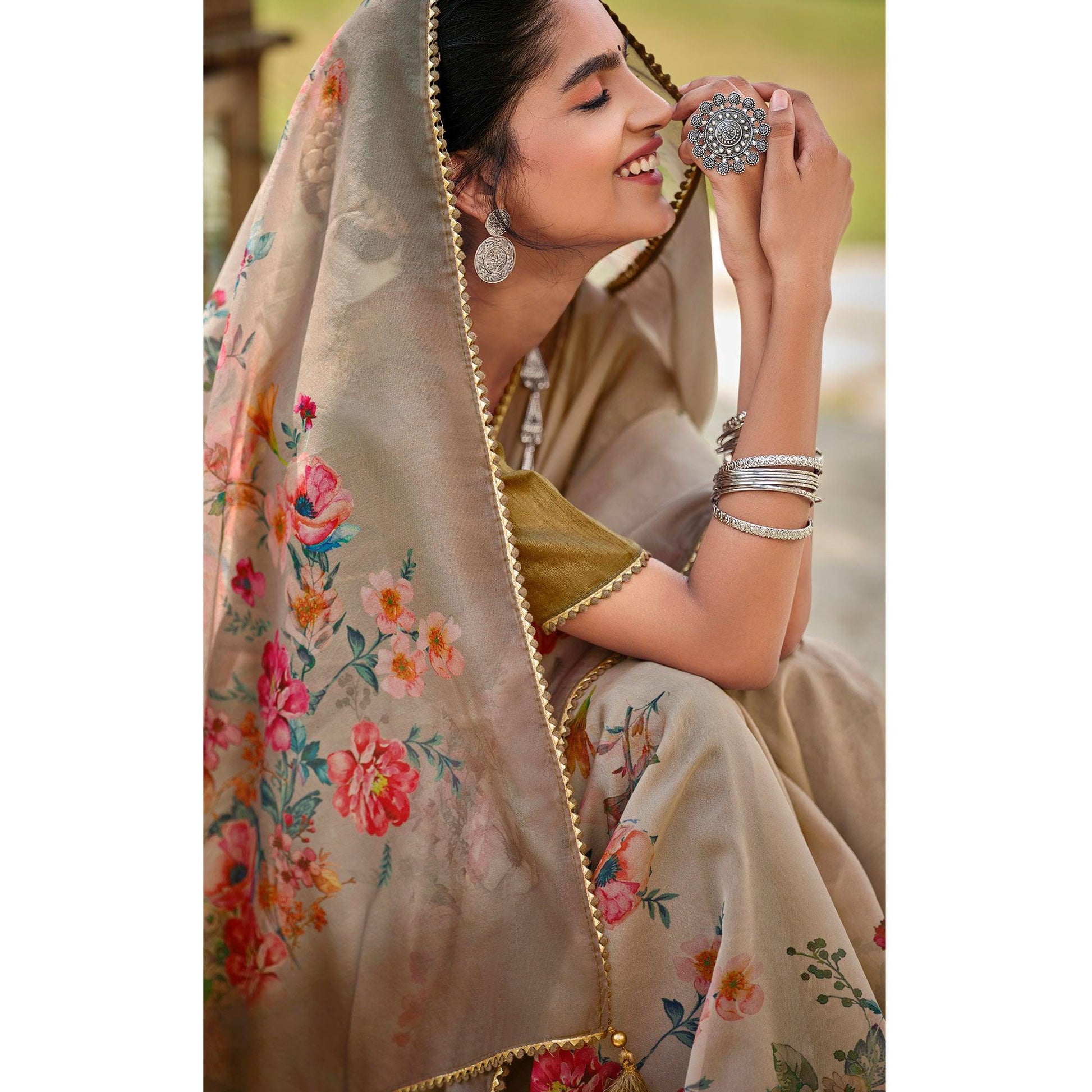 Brown Casual Wear Floral Printed Heavy Organza Silk Saree