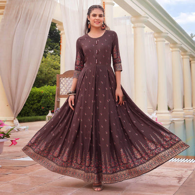 Brown Casual Wear Floral Printed Heavy Rayon Gown