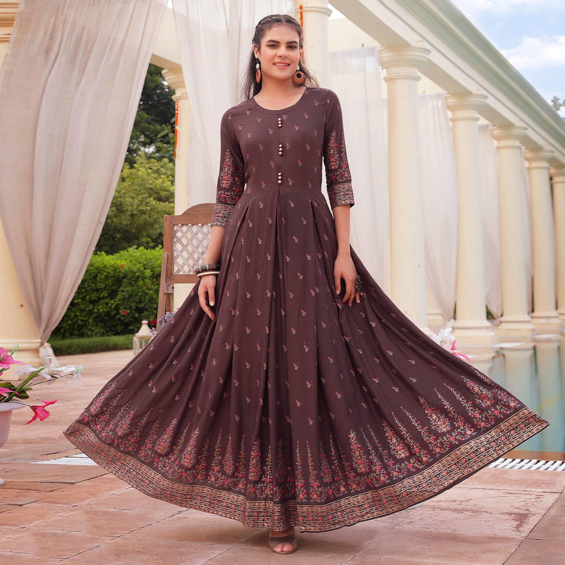 Brown Casual Wear Floral Printed Heavy Rayon Gown
