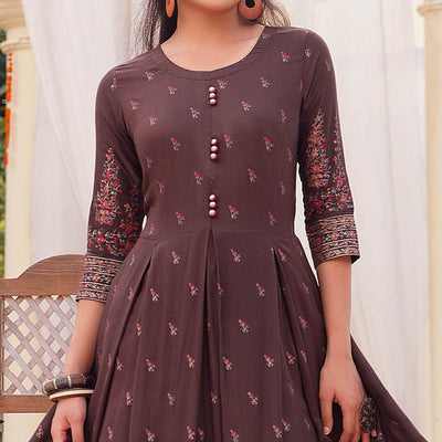 Brown Casual Wear Floral Printed Heavy Rayon Gown