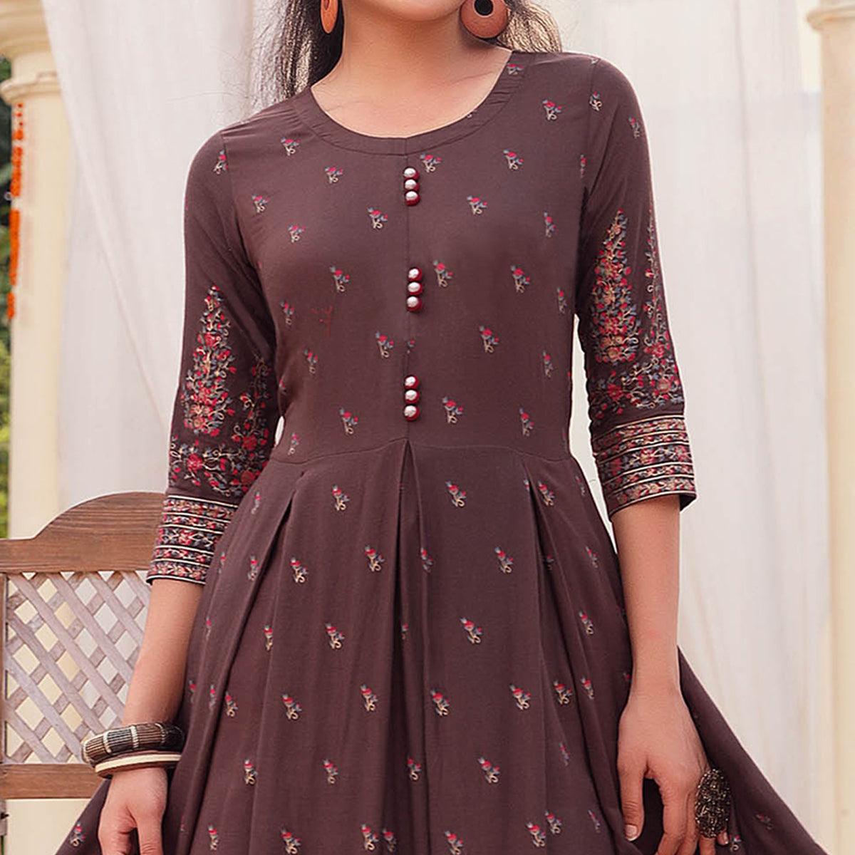 Brown Casual Wear Floral Printed Heavy Rayon Gown