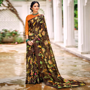 Brown Casual Wear Floral Printed Satin Saree