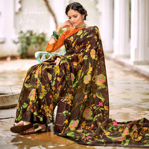 Brown Casual Wear Floral Printed Satin Saree