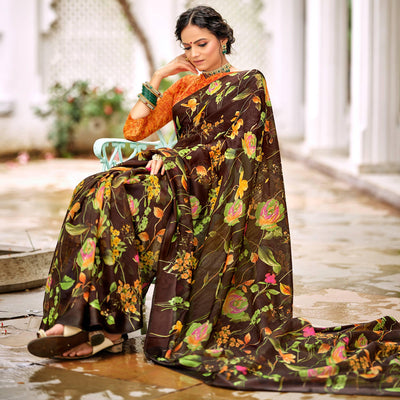 Brown Casual Wear Floral Printed Satin Saree