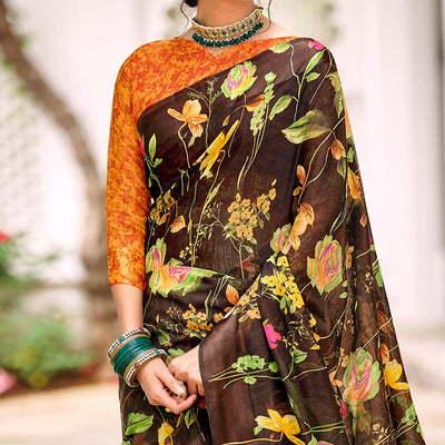 Brown Casual Wear Floral Printed Satin Saree
