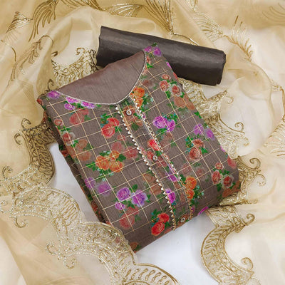 Brown Casual Wear Floral Printed With Checks Chanderi Dress Material