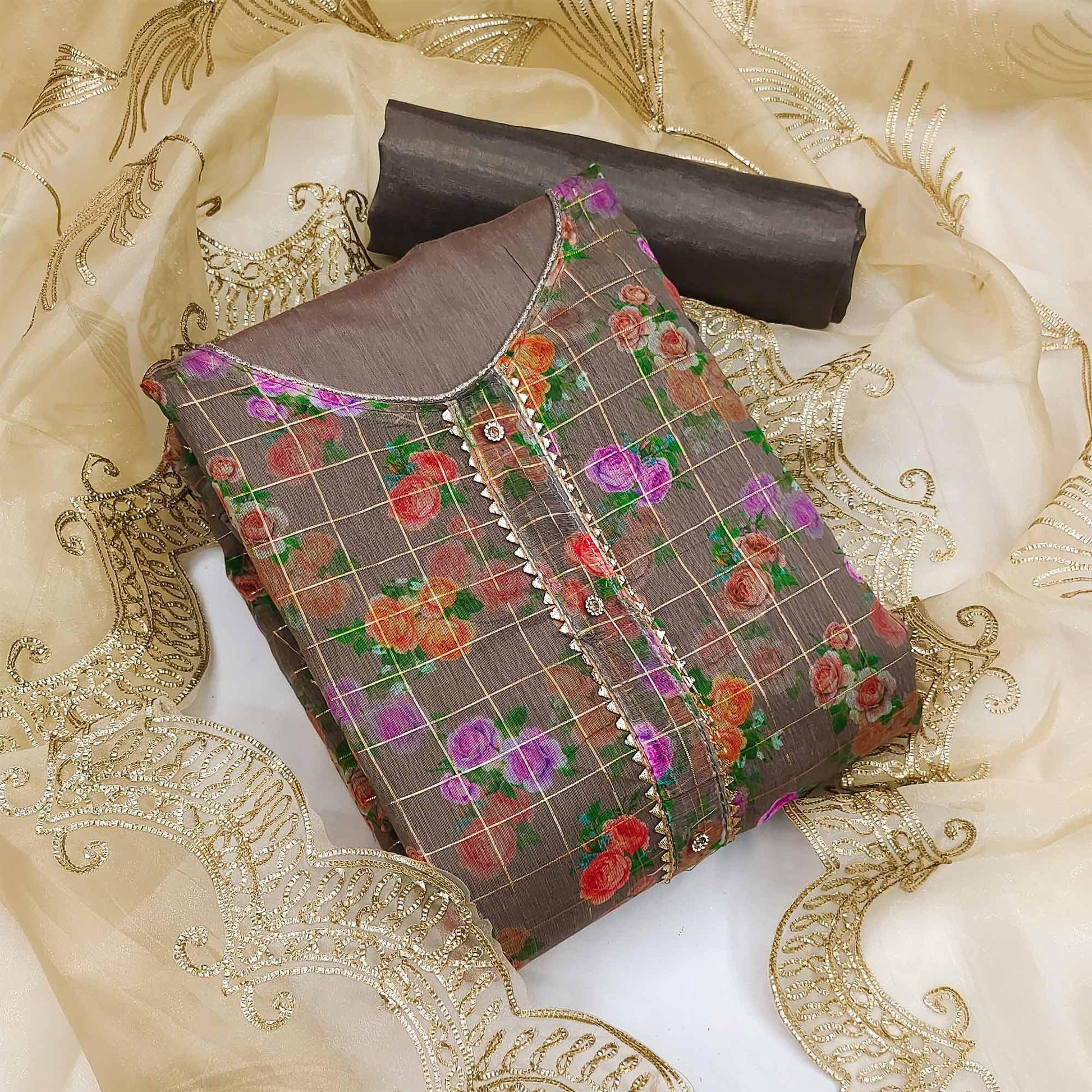 Brown Casual Wear Floral Printed With Checks Chanderi Dress Material