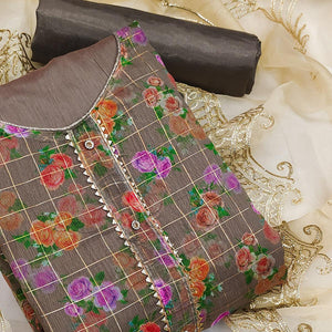 Brown Casual Wear Floral Printed With Checks Chanderi Dress Material