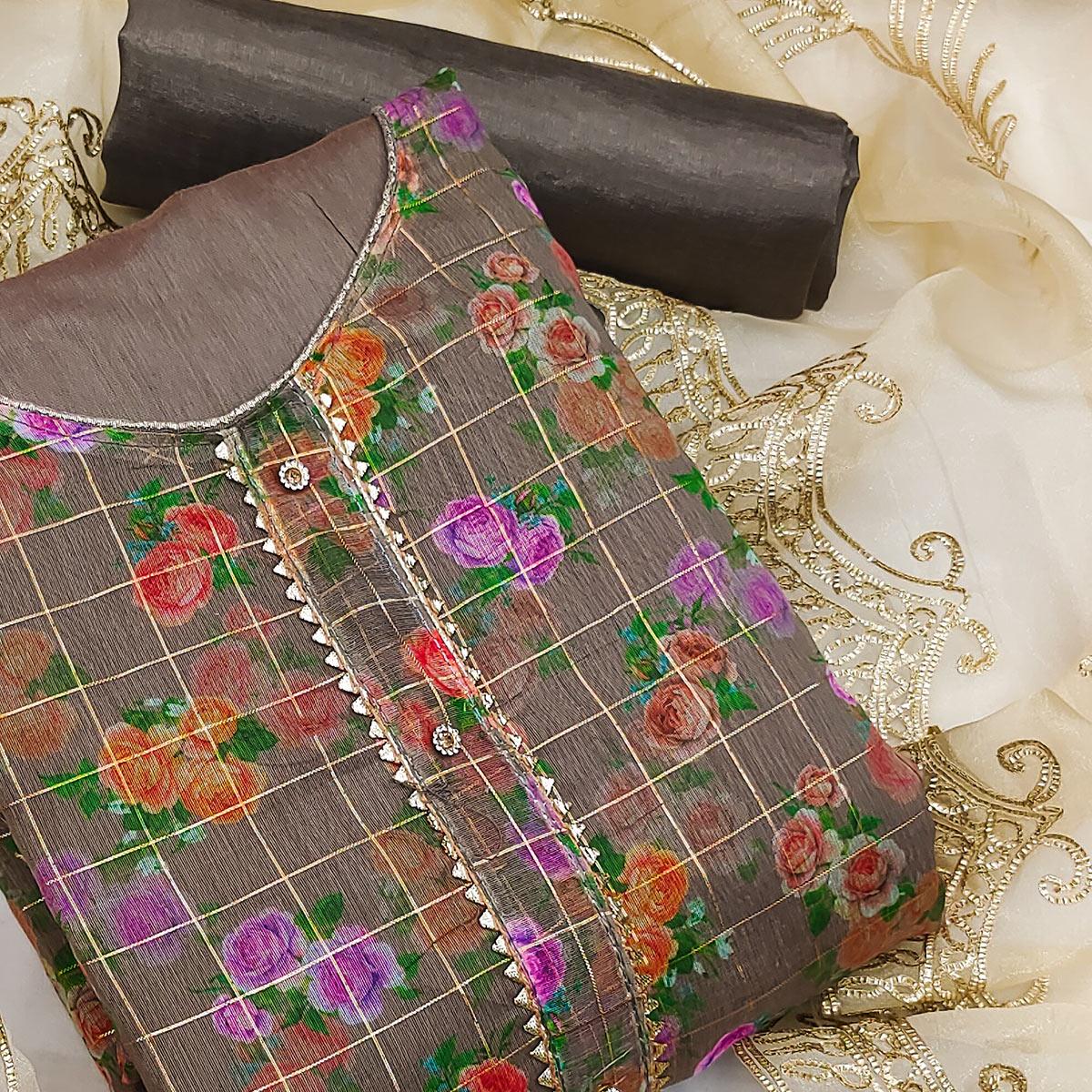 Brown Casual Wear Floral Printed With Checks Chanderi Dress Material