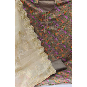 Brown Casual Wear Floral Printed With Checks Chanderi Dress Material