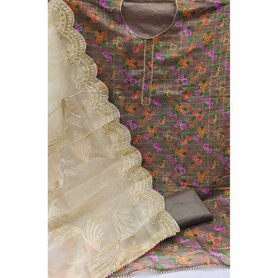 Brown Casual Wear Floral Printed With Checks Chanderi Dress Material