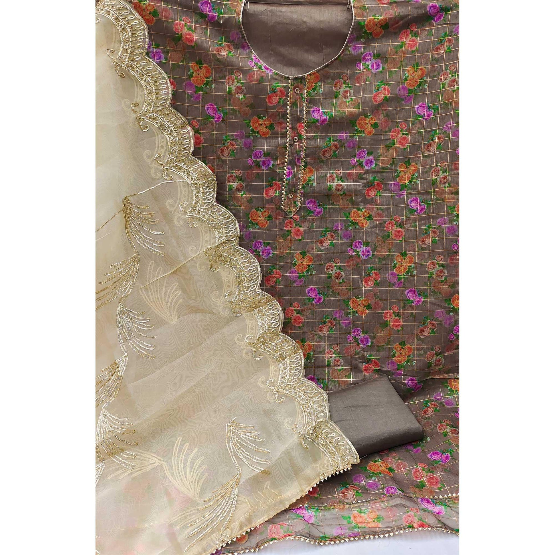 Brown Casual Wear Floral Printed With Checks Chanderi Dress Material