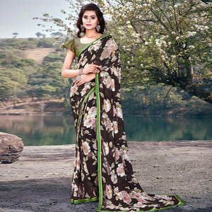 Brown Casual Wear Floral Printed With Lace Border Weightless Georgette Saree