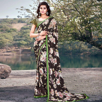 Brown Casual Wear Floral Printed With Lace Border Weightless Georgette Saree