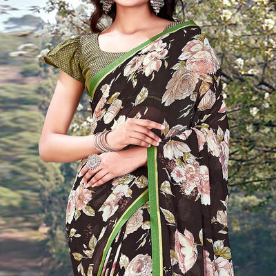 Brown Casual Wear Floral Printed With Lace Border Weightless Georgette Saree