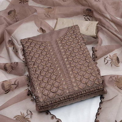 Brown Casual Wear Floral Sequins Embroidered Organza Dress Material